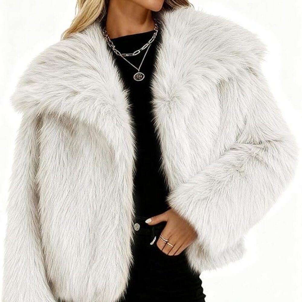Plush White Faux Fur Jacket with Oversized Collar